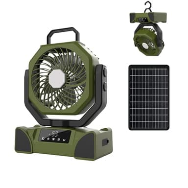 Camping Ventilador Portatil 20000mAh,Gancho Plegable,Traer Pantalla Táctil, Control Remoto, Función de Sincronización, 5 Velocidades de Viento,3 Colores y 3 Marchas LED, Método de Carga Dual USB+Solar