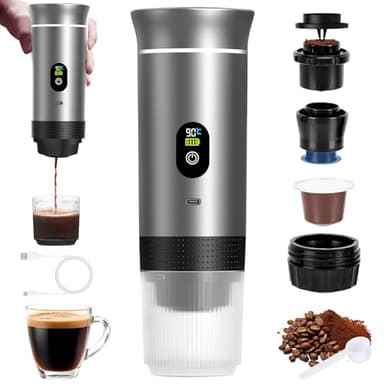 Máquina Café Portátil, Compatible con Cápsulas Pequeñas o Grandes, Nespresso、L'OR y Café Molido, Cafetera Portátil 3 en 1 Con Función de Visualización Digital, Ideal Viajes y Camping