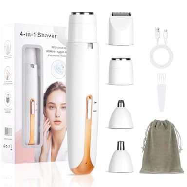 AOOWU Afeitadora Mujer, 4 en 1 Rasuradora Mujer Zona Intima, Recargable Kit Afeitadora Electrica, Portátil Afeitadora Electrica Mujer para Cuerpo, Zona del Bikini, Vello Facial, Nariz y Cejas, Blanco