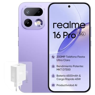 realme 16 Pro 5G Smartphone, 8+512GB, Cámara 200MP OIS, Batería 6500mAh, Pantalla Plana 6,78" 144Hz, Carga Rápida 45W, Funciones IA, IP69, Dual SIM, Violeta (con Adaptador)