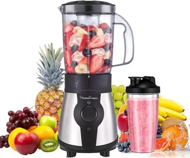 Moulinex Blend&Go - Batidora de vaso de 300 W, con jarra de 1,3 L y botella de plástico de 750 ml, 4 cuchillas extraíbles, acabado acero inoxidable, LM1B1D