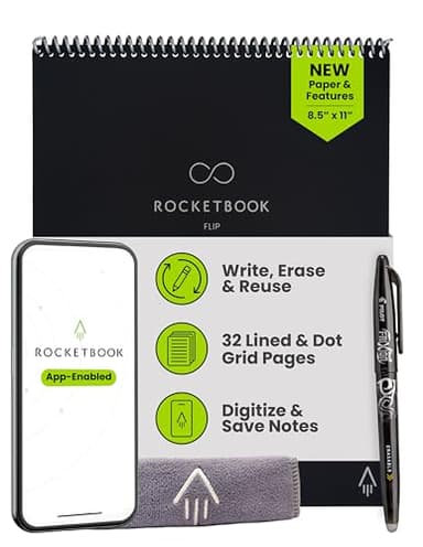 Rocketbook Flip - Bloc de notas inteligente reutilizable, cuaderno en espiral con encuadernación superior, páginas rayadas y punteadas, tamaño carta, 8.5 x 11, premium, negro (paquete de 1)