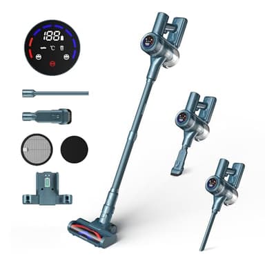 HAIMEEC Aspiradora Sin Cable 6 en 1, Motor de 120,000 RPM, MAX 50Min Filtro HEPA 5 Aspiradora con Pantalla Táctil, Cepillo Antienredos, Modo Antiacaros Aspirador de Mano, Adecuada para Pisos/Pelo