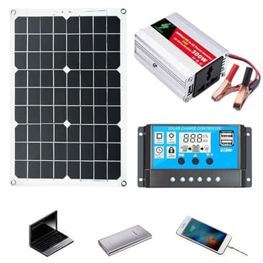 Kit Solar portátil de 300W con Panel Solar de 12V de 18W y Controlador de Carga 30a - inversor de 220V, Puerto USB Doble, Pantalla LED | Generador Solar Compacto para casa, Campamento, Coche