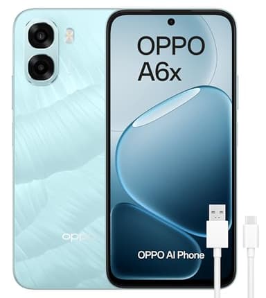 OPPO A6x 4G - Smartphone Libre con IA, 4GB RAM+128GB, Batería 6100 mAh, Pantalla LCD HD+ 120Hz, IP64, Cámara 13MP, Dual SIM, Versión Española - Azul