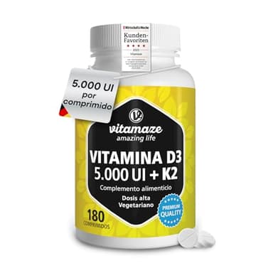 Vitamina D3 y K2 Alta Dosis (5000 UI Vitamina D3 + Vitamina K2 100 Mcg) - Sistema Inmunológico y Óseo - 180 Comprimidos Alta Biodisponibilidad, Calidad Alemana. Vitamaze®