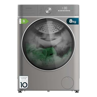 Cecotec Lavadora Secadora 8-5Kg Bolero Wash&Dry 8590 Inverter Steel Max. 1400RPM, 16 Programas, Motor Inverter Plus, Lava con Vapor, Lavado y Secado Inteligente, Estirilización y Goma Antibacteriana