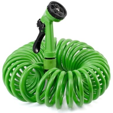 TECHZOCO Manguera en espiral de jardín, Manguera de agua extensible, Manguera de riego espiral, Fabricada en Polipropileno, 7 modalidades de riego, Inclye pistola, Verde, Extensible hasta 7.50 Metros