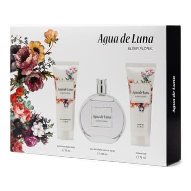 AGUA DE LUNA - Elixir Floral Colonia 100 ml + Crema Corporal 75 ml + Gel de Baño 75 ml, Estuche de Regalo Mujer, Eau de Toilette Femenina, Aroma Cítrico y Floral, Fragancia Fresca de Larga Duración