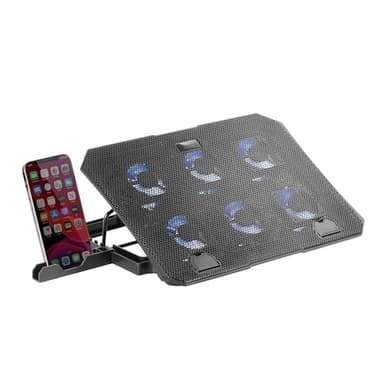 Mars Gaming MNBC23, Base Refrigeradora y Stand 16”, 6 x Ventiladores Controlables con LED Azul, Stand 6 Posiciones, Soporte Smartphone, 2 USB 2.0, Negro