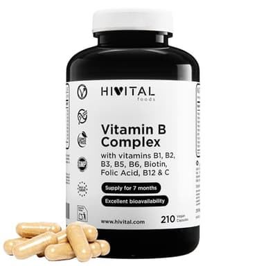 Vitamina B Complex. 210 cápsulas veganas para 7 meses de tratamiento. Complejo Vitaminas B con B1, B2, B3, B5, B6, B12, Biotina, Ácido Fólico y Vitamina C. Fabricado en España por HIVITAL