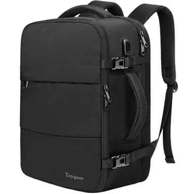 Taygeer Mochila Viaje Cabina Avion 40x20x25 para Ryanair, Mochila de Viaje Cabina Mujer y Hombre Travel Backpack con Puerto USB Multifuncional Impermeable Funda de Zapatos Incluida para Viajar, Negro