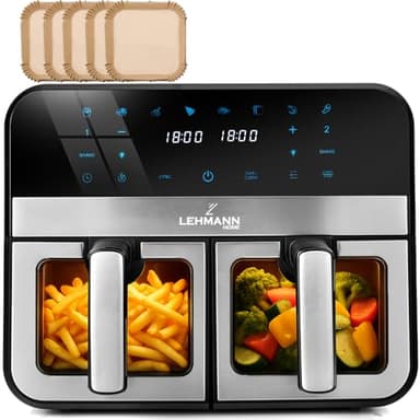 LEHMANN Air Fryer 9L, Dual Freidora sin aceite con 2 cajones, 2400W, 12 programas, Temperatura ajustable de 80-200ºC, control WIFI, pantalla táctil, para familias grandes con niños