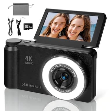 Cámara Digital 4K 64MP con Luz Beauty y Modo Belleza Cámara Digital Portátil con Pantalla Abatible 180° de 3" Zoom Digital 18X con Autofocus Cámara Compacta para Vlogging y Viajes Incluye Tarjeta 32GB