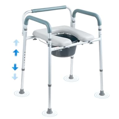 VEVOR Silla con orinal, cómoda con asiento acolchado y reposabrazos, altura ajustable en 7 niveles, cubo extraíble de 5,8 L, fácil de montar, capacidad de 158 kg, para adultos y personas mayores