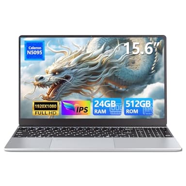 Ordenador Portátil 15.6 pulgadas, 24GB RAM 512GB SSD Celeron N5095, PC Portátil FHD IPS 1920 x 1080 Win11 Pro con teclado retroiluminado, desbloqueo por huella dactilar Wi-Fi 5 Computadora Portátil