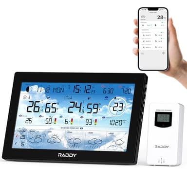 Raddy Estación meteorológica inalámbrica N90 con pantalla HTN de 8,8 pulgadas, conexión inteligente de aplicación, termómetro para interior y exterior con sensor inalámbrico, monitor de temperatura y