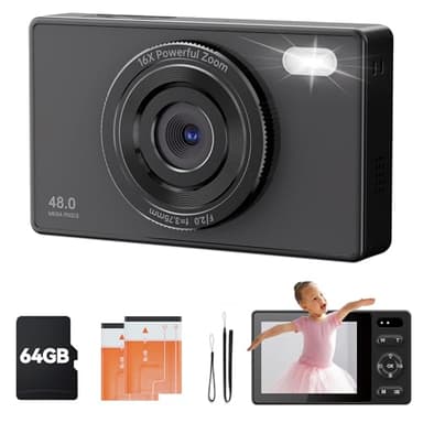 Camara de Fotos Digital con Tarjeta 64GB: 48MP Camara Compacta 16X Zoom 1080P Videocamara Enfoque AutomáTico Vlog Camera Rosa con 2 BateríAs para Principiantes NiñOs Adultos