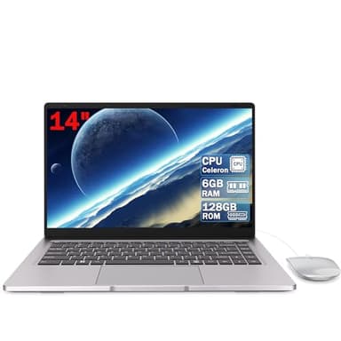 Celeron N4000 - Ordenador portátil (14 pulgadas, hasta 2,6 GHz) 6 GB RAM 128 GB SSD Dual Core PC Portátil 5G WiFi Mini HDMI Diseño sin ventilador color plateado incluido un ratón