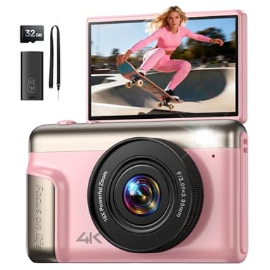4K Cámara fotográfica Digital: 64 MP compacta videocámara Vlog con 16X Zoom Autofocus – Regalos para Principiantes Adultos – 180° Flip Máquinas fotográficas Niñas Niños Rosa
