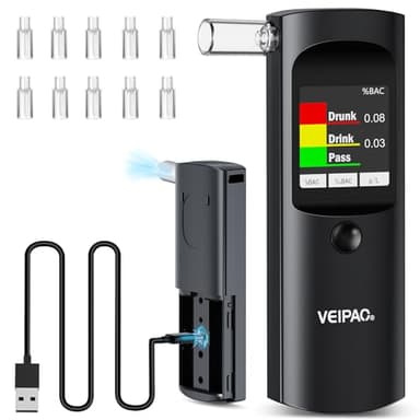 Alcoholimetro Homologado Portatil Alcoholímetro Test: Alcolimetros Portátil con 11 Boquillas - Prueba de Alcohol Test con Pantalla LCD Digital Alta Precisión para Uso Personal Profesional Hogar Sople