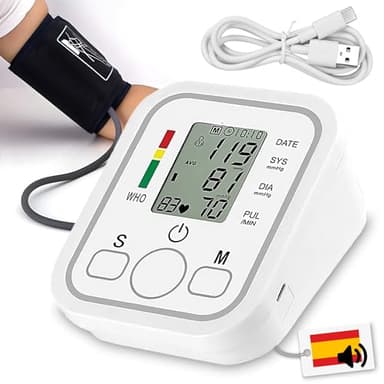 Maxter Tensiometro de Brazo Digital con VOZ en ESPAÑOL ON/OFF y Cable USB 1m (Sin Batería) Medidor Tension Arterial y Frecuencia Cardíaca - Monitor de Presión Arterial con Manguito y Memoria 2x99