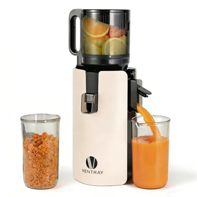Ventray Extractor de Zumos Slow Juicer | Prensado en Frío con Apertura Ancha de 120mm para Frutas y Verduras Enteras | Sistema de Doble Filtrado | Fácil Limpieza | 250W | Sin BPA - Marfil