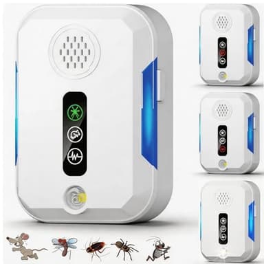 Yaskyly 4 Pack Repelente Ultrasónico de Plagas, Interior Ultrasónico Ahuyentador de Ratas con 4 Modos Controlar Eficazmente Ratón Cucarachas Mosquitos Arañas Moscas Seguro para Niños Mascotas