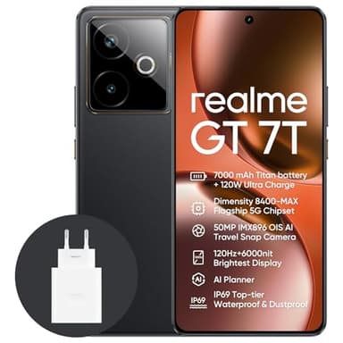 realme GT 7T 5G Smartphone,12+256GB, Batería de 7000 mAh,Carga de 120W,Procesador Dimensity 8400-MAX,IMX896 50MP Cámara,AI Planner,Pantalla Pro-Esports de 6000 nits120Hz,IP69,Negro,exclusivo de Amazon