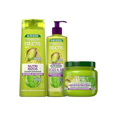 GARNIER Fructis, Pack Champú, Mascarilla y Crema sin Aclarado para Pelo Rizado u Ondulado, con Aceite de Pistacho y Pectina de Fruta, Set de 3 Productos