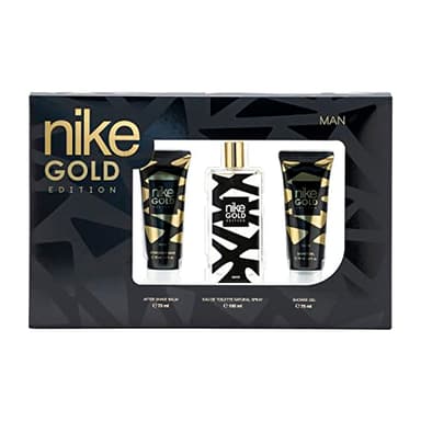 NIKE - Gold Edition Colonia 100 ml + After Shave 75 ml + Gel de Baño 75 ml, Estuche de Regalo Hombre, Eau de Toilette Masculina, Aroma Cítrico Especiado, Fragancia Fresca, Elegante y Duradera