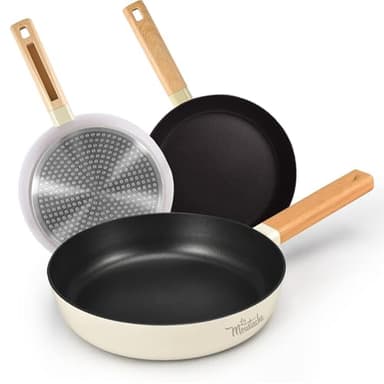 La Moustache - Juego de 3 Sartenes de 20/24/28 cm, Aluminio Fundido con Revestimiento Antiadherente para Todo Tipo de Cocinas, Incluso Inducción, Sin PFOA, Mangos de Baquelita (Andes)