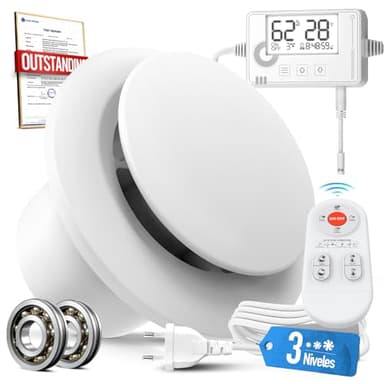 SBONNI Extractor de Baño 100 mm 3 Velocidades, Sensor de Humedad y Temperatura, Temporizador, Mando a Distancia, Silencioso Potente, Ventilador Baño Cocina Sótano, Extractor de Aire Redondo P109