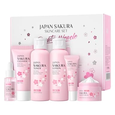 LAIKOU Set de Cuidado de la Piel Sakura, Set Regalo Cuidado de la Piel Mujer, con Limpiador Tónico Suero Crema para Ojos Crema Facial; 6 Piezas Kit Hidratante Facial Mujer para Adolescentes y Mujeres