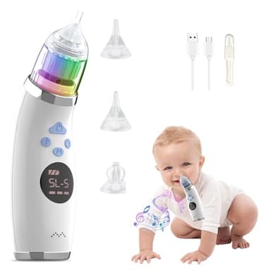 Bwaliffury Aspirador Nasal Eléctrico, Limpiador Nasal bebe Electrico, Sacamocos Bebe Electrico, 5 Niveles de Succión & 3 Puntas de Silicona, con Relajante de Música para Niños