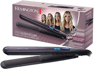 Remington Plancha de Pelo Pro Sleek & Curl, 2 en 1 Alisa y Riza, Óptimo para Ondas, Placas Estrechas Extralargas, Cerámica Avanzada Ultra, Temperatura hasta 230°C, Función Turbo, Digital, S6505