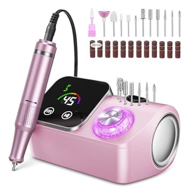 Urbuti Torno para Uñas,Torno para Uñas Profesional 45000 RPM,12 12 Cabezales de Pulido, Pantalla táctil LCD,Perilla de cristal,Lima portátil para uñas acrílicas y de gel (Rosa claro)
