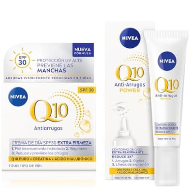 NIVEA Q10 Power Antiarrugas Cuidado de Día Triple Defensa FP30 + Crema Contorno de Ojos (15 ml) - Hidratación, Protección Solar, Reafirmante - Piel Seca, Mixta, Normal - 65 ml