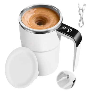 Taza autoagitadora, taza de café automática automática eléctrica de acero inoxidable 380 ml, taza térmica con indicador de temperatura, taza de café USB taza de licuadora magnética con tapa y mango