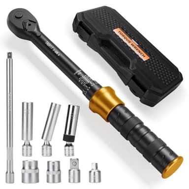 TAGVIT Llave Dinamométrica 3/8'', 5-60Nm, Precisión de ±3%, 9 Piezas Llave Dinamométrica Set con Extensión, Magnética Vasos de Bujía,Adaptador, 2 Llaves de Vaso 14mm, 17mm, para Bicicleta, Moto, Coche