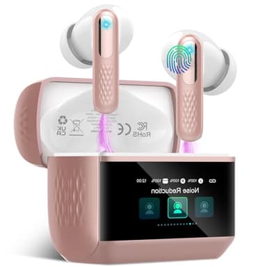 ZYHKON Auriculares Inalámbricos con Pantalla Táctil LED, Auriculares Bluetooth 5.4 HiFi Estéreo con HD Mic, 48H Cascos Inalambrico con Reducción de Ruido ANC+ENC, IP7 Impermeable, Rosa Champán