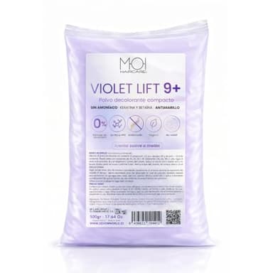 Polvo Decolorante Profesional Violeta 9 tonos de aclarado | Fórmula SIN AMONÍACO | DUST FREE | Antiamarillo | Protege la fibra capilar gracias a la Keratina y Betaína | Olor a Melón. 500g MOI HAIRCARE