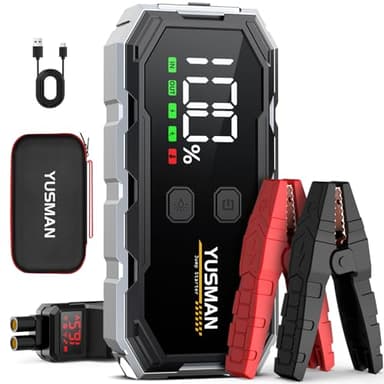 YUSMAN Arrancador de Coches,5000A Arrancador de Baterias de Coche,12V Portátil Coche con para 8L Gasolina o 6L Diesel, Linterna LED de Emergencia,Carga Rápida,Pantalla LCD Extragrande