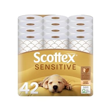Scottex Papel Higiénico Sensitive 42 rollos con 3 capas cuidado delicado gracias al toque de leche de almendras (7 packs de 6 rollos)