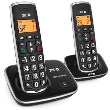 SPC Comfort Kaiser Dúo – Teléfono Fijo inalámbrico DÚO para Mayores con Teclas y Números tamaño XL, Sonido Extramplificado, 2 Memorias Directas, Agenda y Manos Libres - Negro