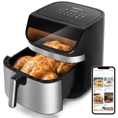 Aigostar Freidora de Aire XXL 8.8L, Air Fryer 2200W, Doble Resistencia, 55% Menos Energía, freidora aire con 13 Programas, Acero Inox Interior, Pantalla Táctil y Ventana, Comunidad Recetas, Negro