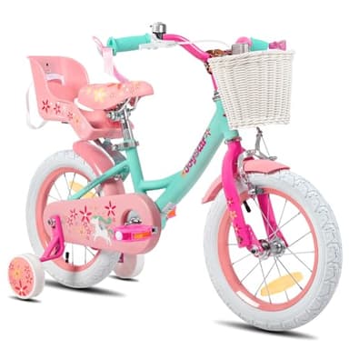 JOYSTAR Bicicleta infantil de unicornio de 14 pulgadas para niñas de 4, 5 y 6 años, con asiento de bicicleta para muñecas y ruedas estabilizadoras, color verde, BIKE049gr-14