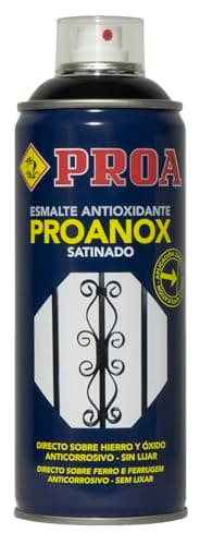 ESMALTE PROANOX DIRECTO SOBRE ÓXIDO EN SPRAY. SATINADO. Negro Ral 9005. 400 ML. PROA. Esmalte antioxidante para metales sin necesidad de imprimación. Exterior e interior.