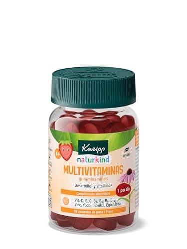 Kneipp Gummies Niños Multivitaminas, Vitaminas D, E, C, B5, B6, B9, B12, Zinc, Yodo, Inositol y Equinácea, Energía, Función Cognitiva, Sistema Inmunitario, Sabor Fresa, 30 Gominolas