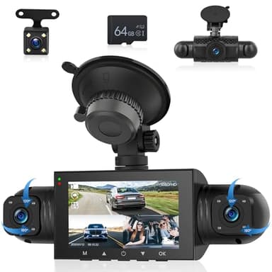 Dashcam para Coche 4 Canales 360°, 4 1080P Delantera y Trasera Izquierda Derecha, Dash CAM de 3 Pulgadas 1080P con Visión Nocturna IR/Vídeo en Bucle/24H Monitor/G-Sensor de Aparcamiento 64 GB Tarjeta